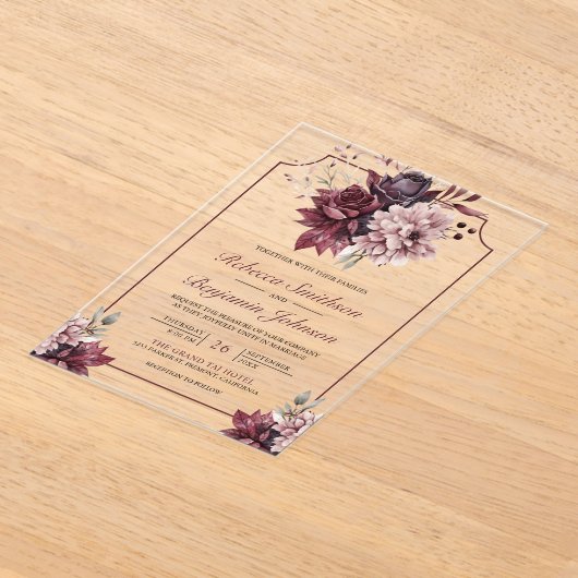Dusty Pink Burgundy Floral Frame Wedding Acryl Uitnodigingen (Laagn)