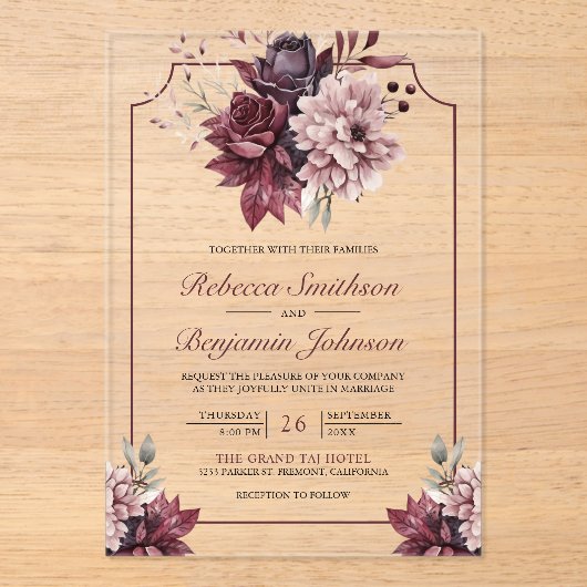 Dusty Pink Burgundy Floral Frame Wedding Acryl Uitnodigingen (Voorkant)