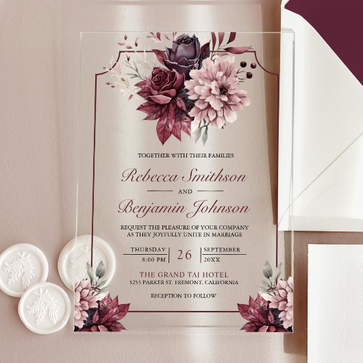 Dusty Pink Burgundy Floral Frame Wedding Acryl Uitnodigingen