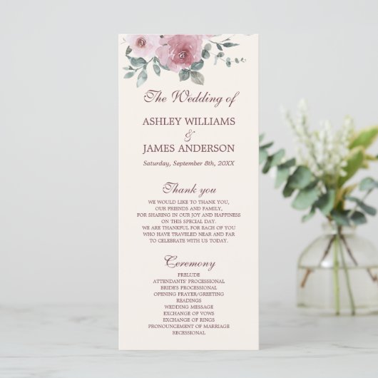 Dusty Pink Burgundy Floral Ivory Wedding Programme Programmakaart (Staand voorkant)