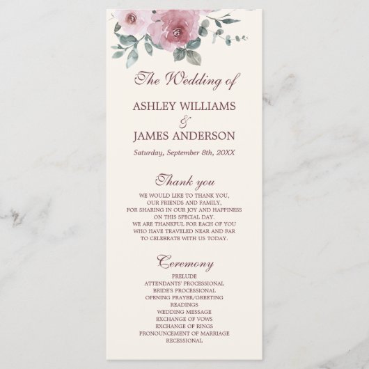 Dusty Pink Burgundy Floral Ivory Wedding Programme Programmakaart (Voorkant)