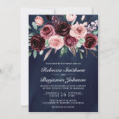 Dusty Pink Burgundy Floral QR Code Navy Weddenscha Kaart (Voorkant)