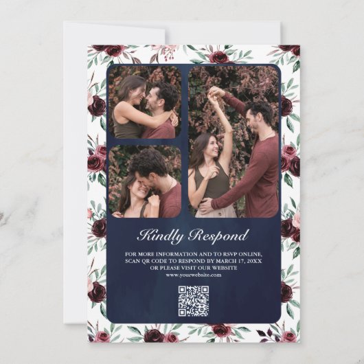 Dusty Pink Burgundy Floral QR Code Navy Weddenscha Kaart (Achterkant)