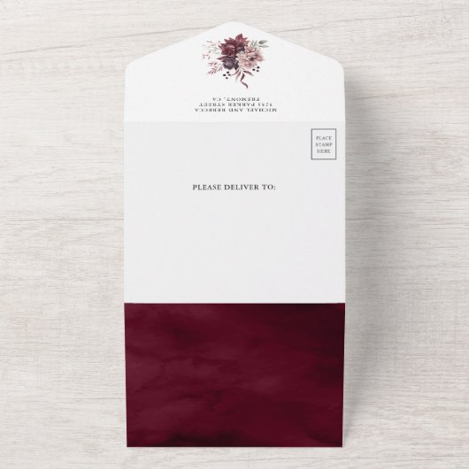 Dusty Pink Burgundy Floral QR Code Weddenschap All In One Uitnodiging (Buitenkant)