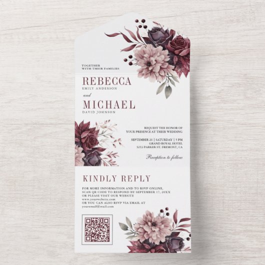 Dusty Pink Burgundy Floral QR Code Weddenschap All In One Uitnodiging (Binnen)