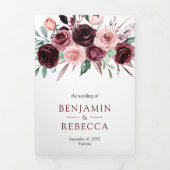 Dusty Pink Burgundy Floral QR Code Weddenschap Drieluik Uitnodiging (Cover)