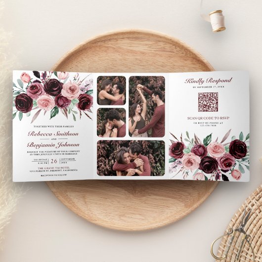 Dusty Pink Burgundy Floral QR Code Weddenschap Drieluik Uitnodiging