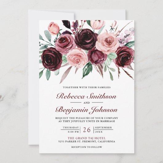 Dusty Pink Burgundy Floral QR Code Weddenschap Kaart (Voorkant)