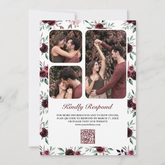 Dusty Pink Burgundy Floral QR Code Weddenschap Kaart (Achterkant)