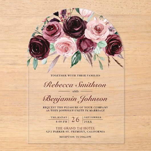 Dusty Pink Burgundy Floral Wedding Acryl Uitnodigingen (Voorkant)