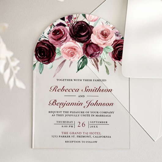 Dusty Pink Burgundy Floral Wedding Acryl Uitnodigingen