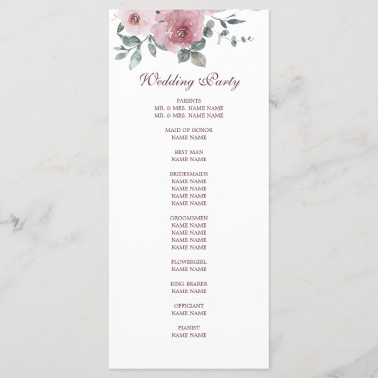 Dusty Pink Burgundy Floral Wedding Programme Programmakaart (Achterkant)