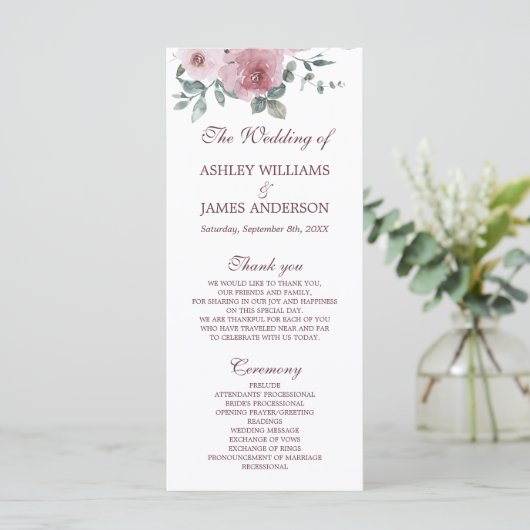 Dusty Pink Burgundy Floral Wedding Programme Programmakaart (Staand voorkant)