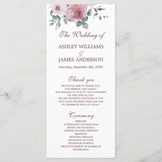 Dusty Pink Burgundy Floral Wedding Programme Programmakaart (Voorkant)