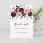 Dusty Pink Burgundy Floral Wedding Save The Date (Staand voorkant)