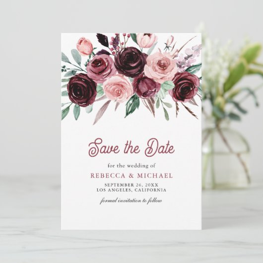 Dusty Pink Burgundy Floral Wedding Save The Date (Staand voorkant)