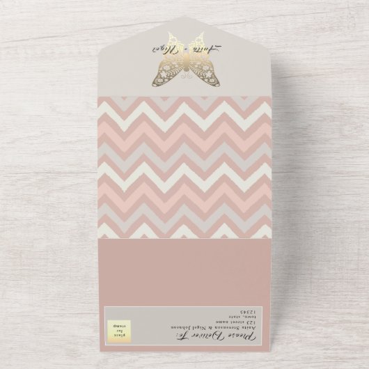 Dusty Pink Butterfly All-in-One Wedding Uitnodigen All In One Uitnodiging (Buitenkant)
