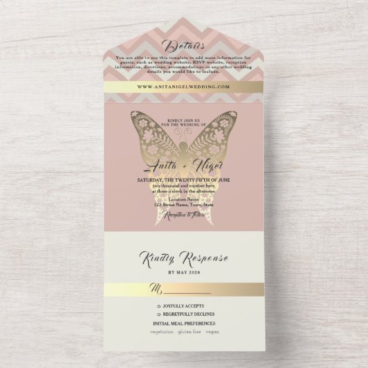 Dusty Pink Butterfly All-in-One Wedding Uitnodigen All In One Uitnodiging (Binnen)