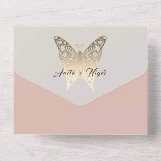 Dusty Pink Butterfly All-in-One Wedding Uitnodigen All In One Uitnodiging (Achterkant)