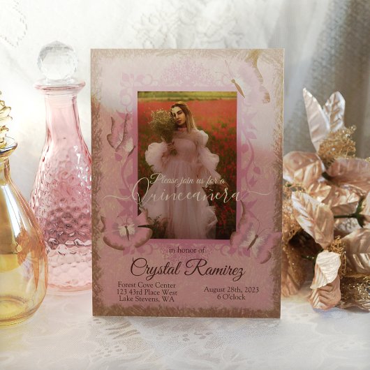 Dusty Pink,  Butterfly Quinceanera Invite Kaart