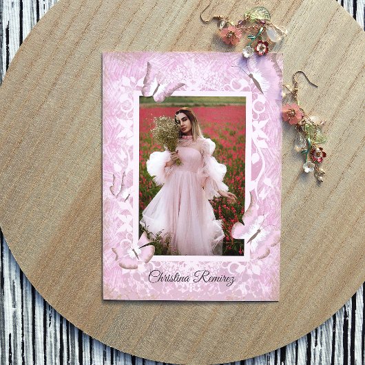 Dusty Pink  Butterfly Quinceanera Invite Kaart
