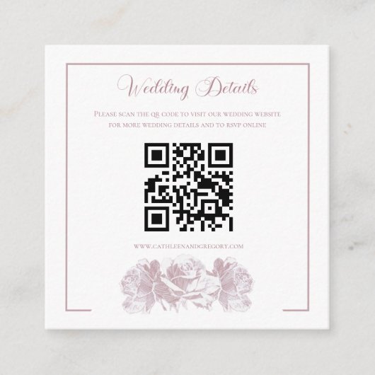 Dusty Pink Calligraphy QR Code Wedding Informatiekaartje (Voorkant)