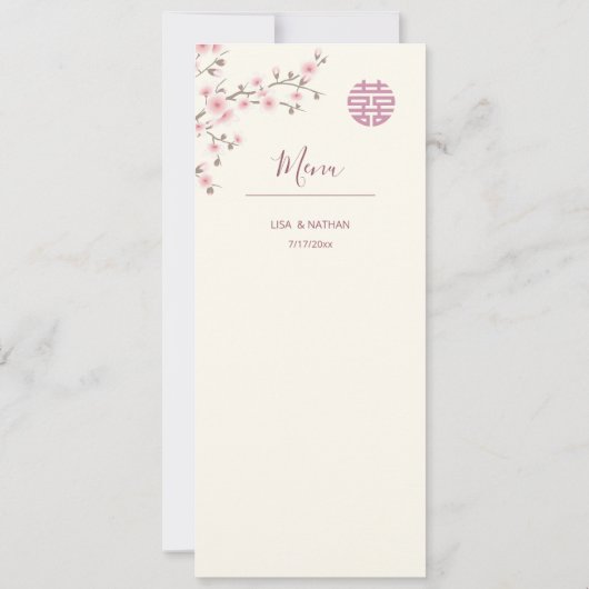 Dusty Pink Cherry Blossom Chinees Bruiloft Menu Kaart (Achterkant)