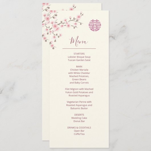 Dusty Pink Cherry Blossom Chinees Bruiloft Menu Kaart (Voorkant / Achterkant)