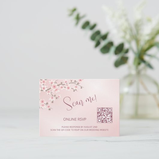 Dusty Pink Cherry Blossom QR Code RSVP Online Informatiekaartje (Staand voorkant)