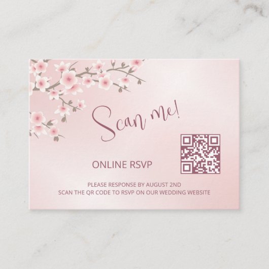 Dusty Pink Cherry Blossom QR Code RSVP Online Informatiekaartje (Voorkant)