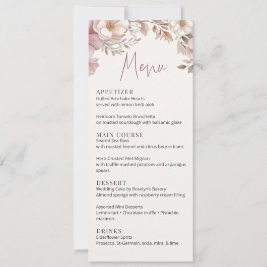 Dusty Pink Cream Magnolia Floral Wedding Menu Card Kaart (Voorkant)