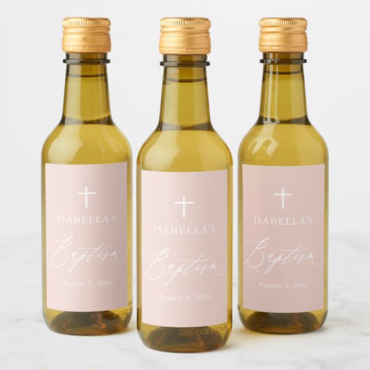 Dusty Pink Cross Girl Baptism Mini Wine Label Wijn Etiket (Flessen)