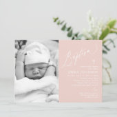 Dusty Pink Cross Girl Photo Baptisme Invitation Kaart (Staand voorkant)