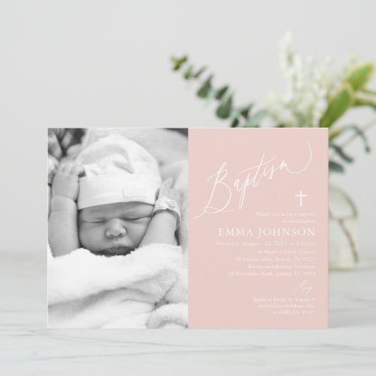 Dusty Pink Cross Girl Photo Baptisme Invitation Kaart (Staand voorkant)