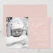 Dusty Pink Cross Girl Photo Baptisme Invitation Kaart (Voorkant / Achterkant)