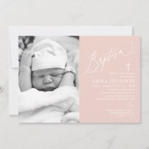 Dusty Pink Cross Girl Photo Baptisme Invitation Kaart