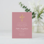 Dusty Pink Cross Religious Boy First Community Briefkaart (Staand voorkant)