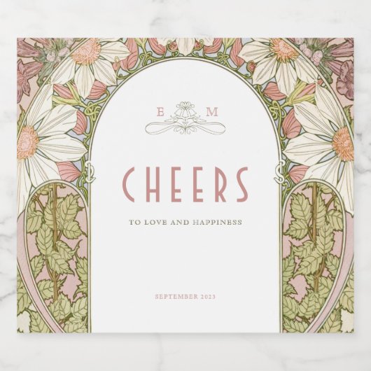 Dusty Pink Daisies Art Nouveau Mucha Sparkling Wijnetiket (Enkel label)