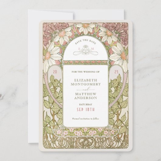Dusty Pink Daisies Save Date Art Nouveau Mucha Kaart (Voorkant)