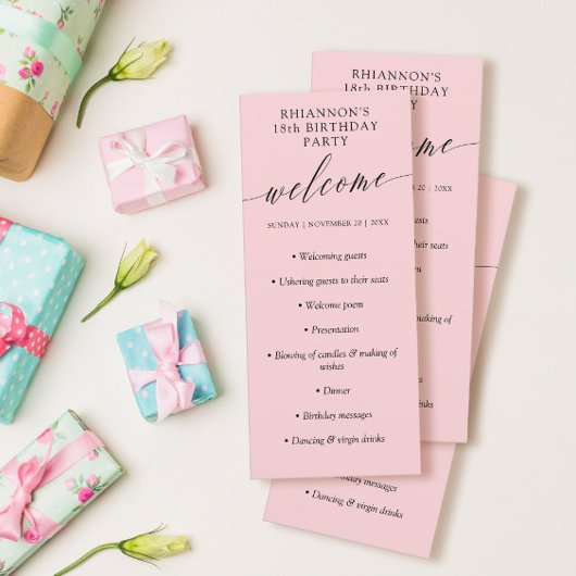 Dusty Pink Delicate Calligraphy Birthday Party Programmakaart