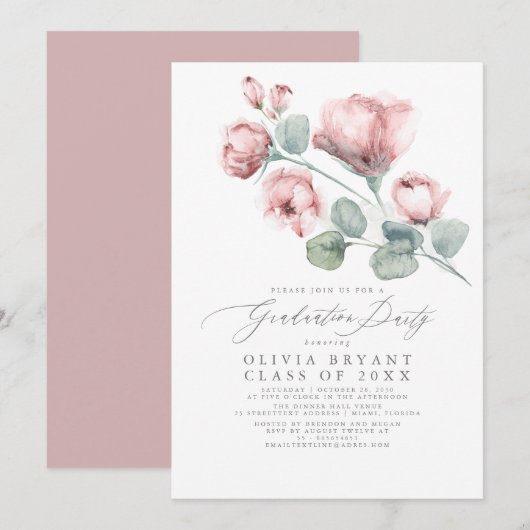 Dusty Pink Elegant Boho Floral Graduation Party Kaart (Voorkant / Achterkant)