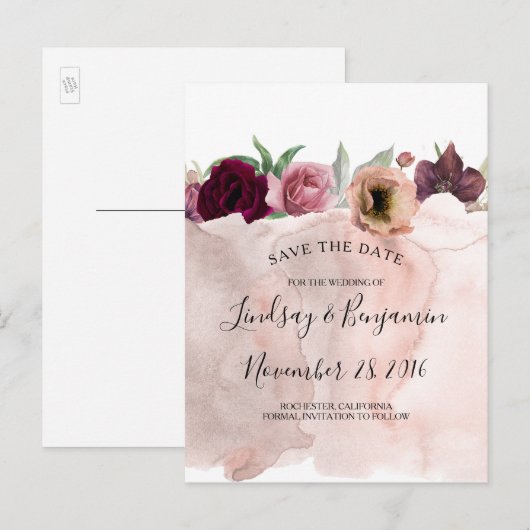 Dusty Pink en Bourgondië Red Floral Save the Date Aankondigingskaart (Voorkant / Achterkant)