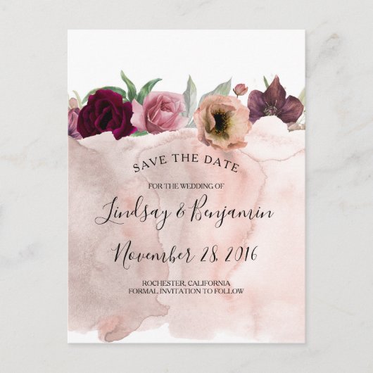 Dusty Pink en Bourgondië Red Floral Save the Date Aankondigingskaart (Voorkant)
