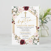 Dusty Pink en Burgundy Floral Baptism Invitation Kaart (Staand voorkant)