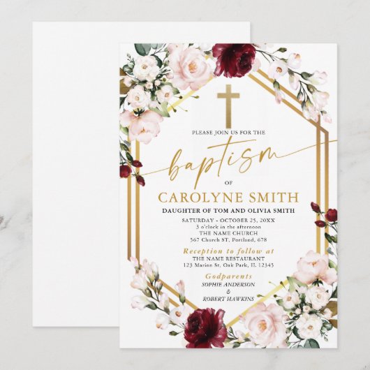 Dusty Pink en Burgundy Floral Baptism Invitation Kaart (Voorkant / Achterkant)