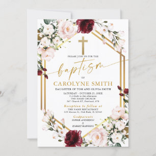 Dusty Pink en Burgundy Floral Baptism Invitation Kaart