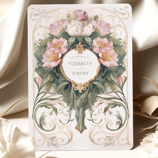 Dusty Pink en Cream Art Nouveau Bruiloft Kaart