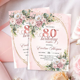 Dusty Pink Eucalyptus 80th Birthday Invite Card Kaart