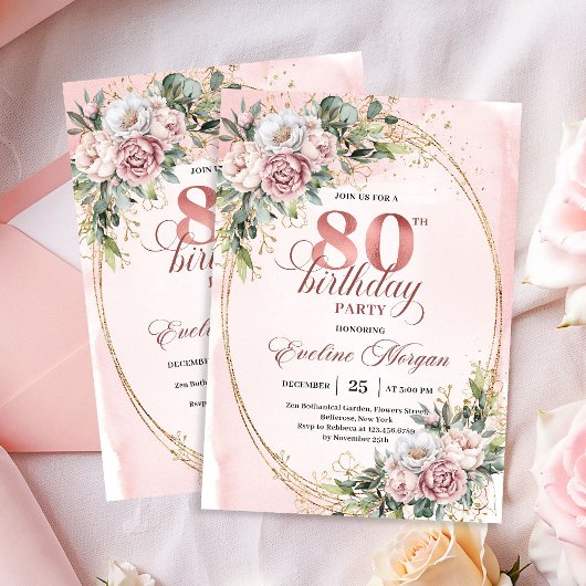 Dusty Pink Eucalyptus 80th Birthday Invite Card Kaart