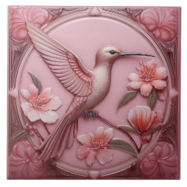 Dusty pink faux relief Art Nouveau Hummingbird R Tegeltje
